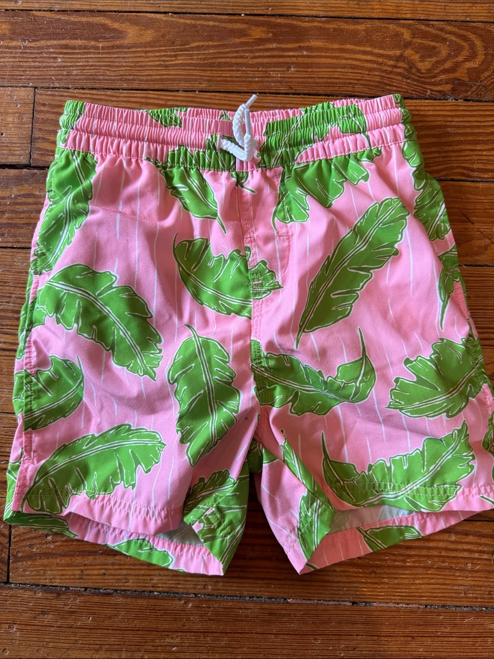 The Beaufort Bonnet Company TBBC Pink Swim Trunks with Green Leaf Print size 5